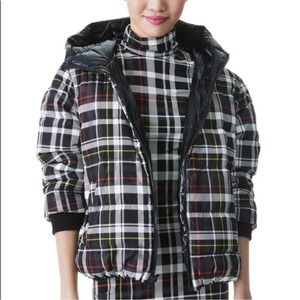 Alice+Olivia Durham Reversible Hooded Puffer Jacket, EUC Xsmall, black/plaid